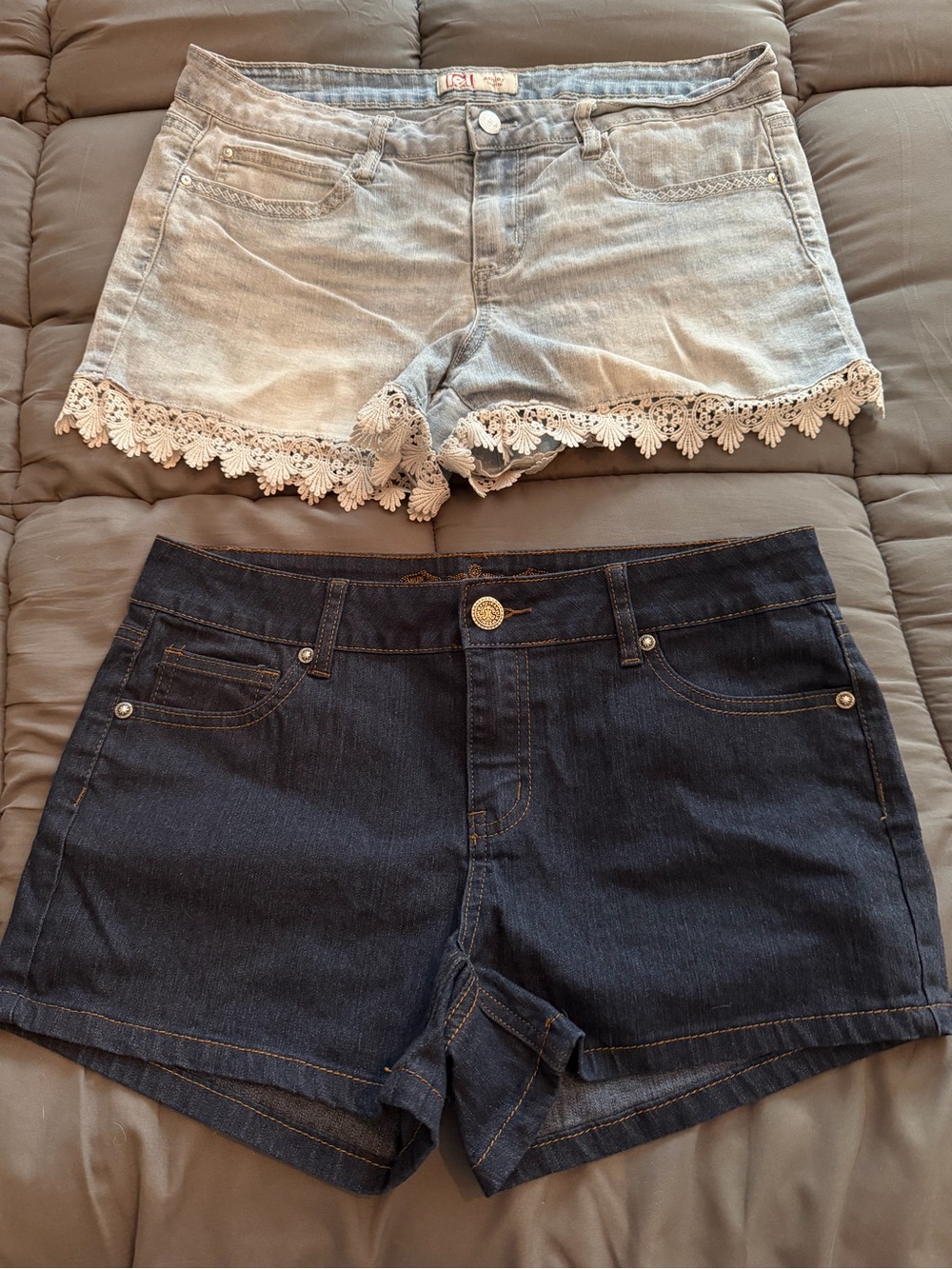 Women's Light Wash Lace-Trim Shorts and Dark Blue denim shorts duo, size 11/L